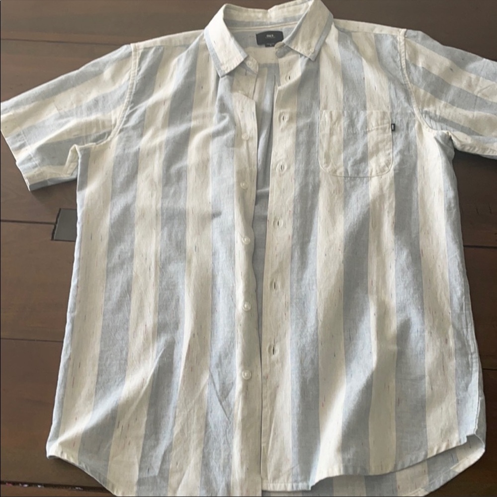 Obey blue and white vertical striped shirt